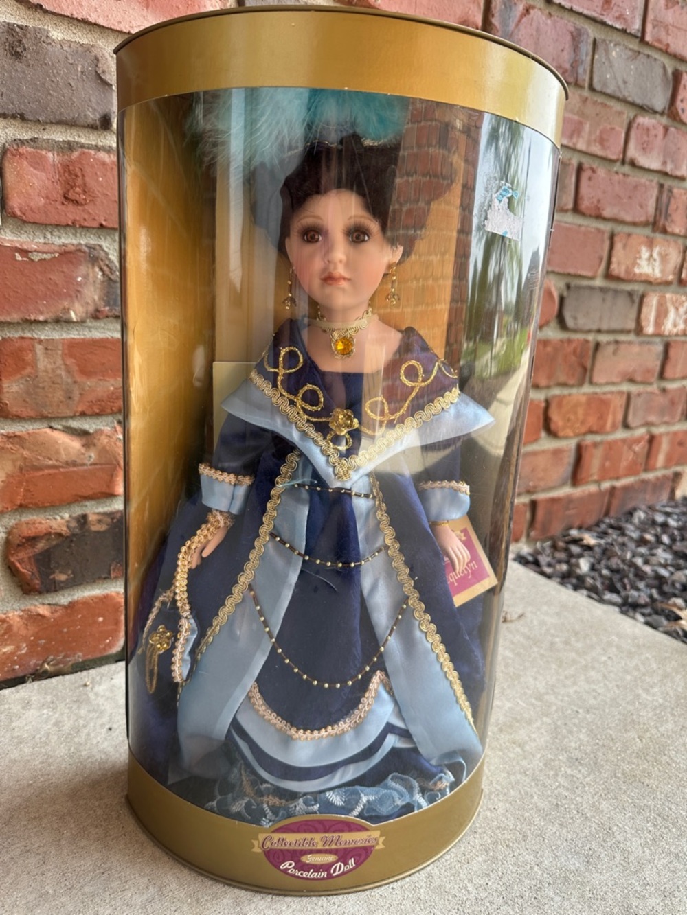 Porcelain Collectible Doll in Navy Blue with Gold Trim